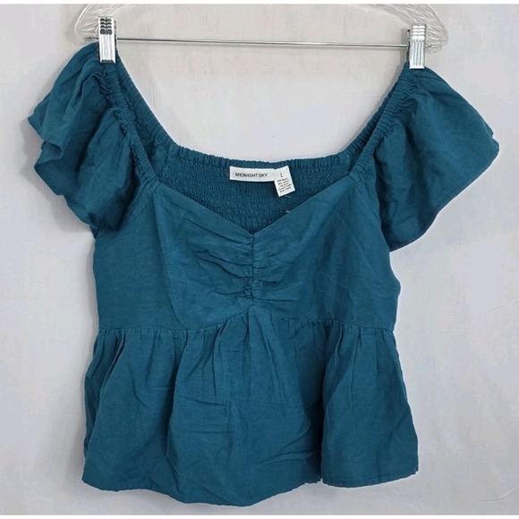 Midnight Bakery Tops - NWT Midnight Sky L Babydoll Smocked Flutter Sleeve Green Top Women's Boho Blouse